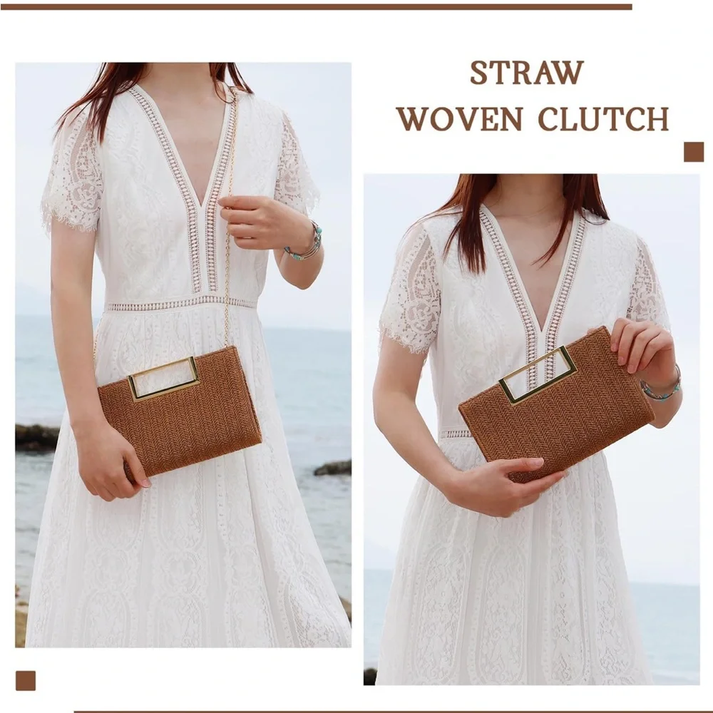 🆕 Elegant Top Handle Straw Clutch / Straw Evening Bag Woven Raffia Crossbody - Picture 6 of 6